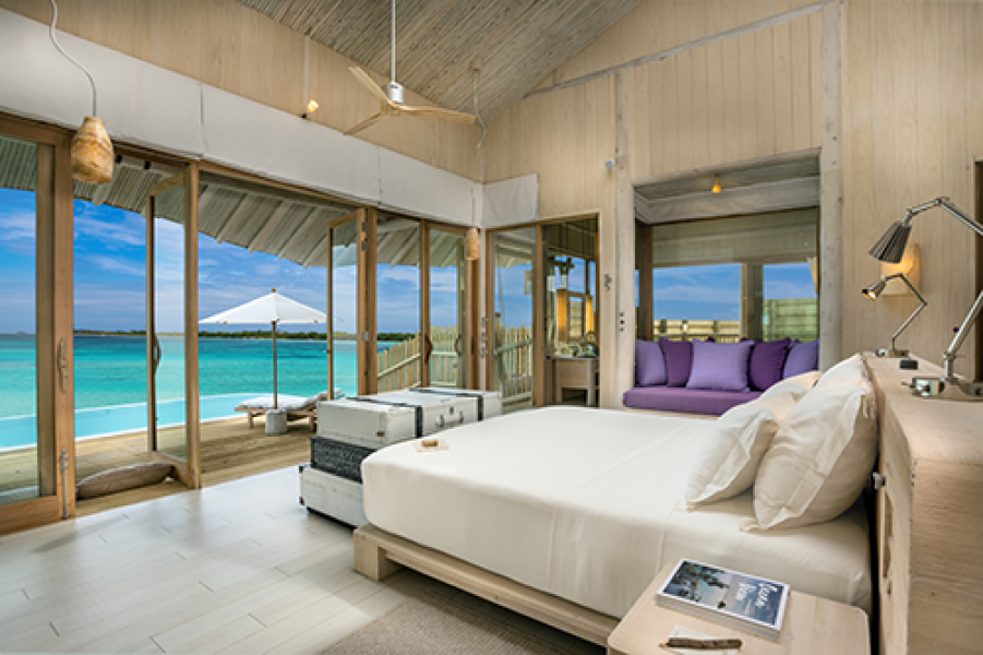 Soneva Jani 1BR Water Reserve master bedroom interiors by Sandro Bruecklmeier